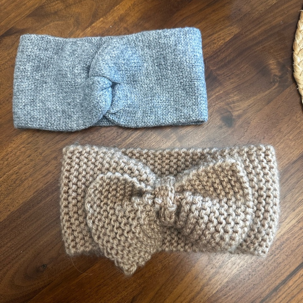 Gray and Tan Knit Hair Accessories with Twist and Bow Details